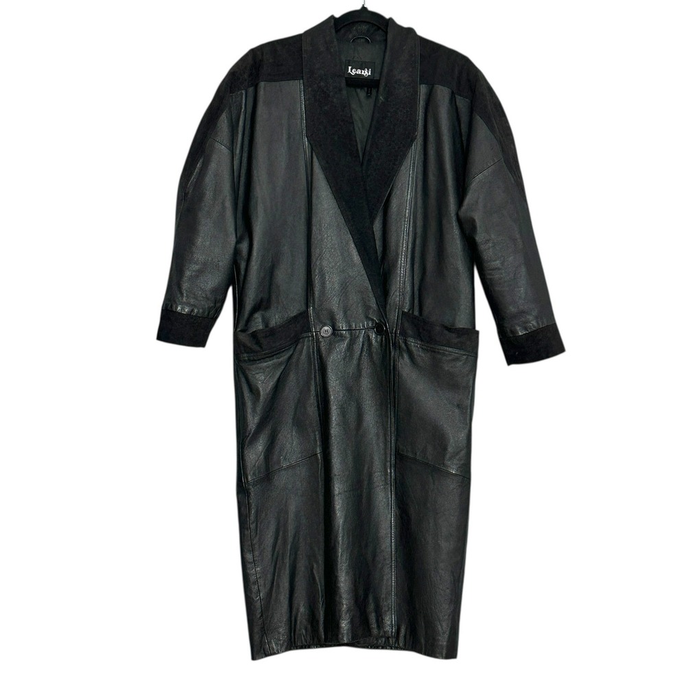 VTG 90s Womens Coat S Black Leather Suede Duster Trench Goth Streetwear Grunge